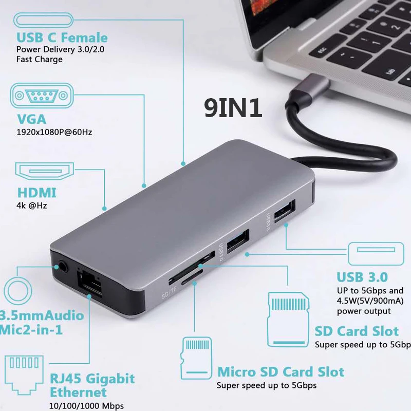 Docking Station with Type C Plug HDMI VGA USB3.0 Audio Power Delivery Hub for Laptop Macbook Pro HP