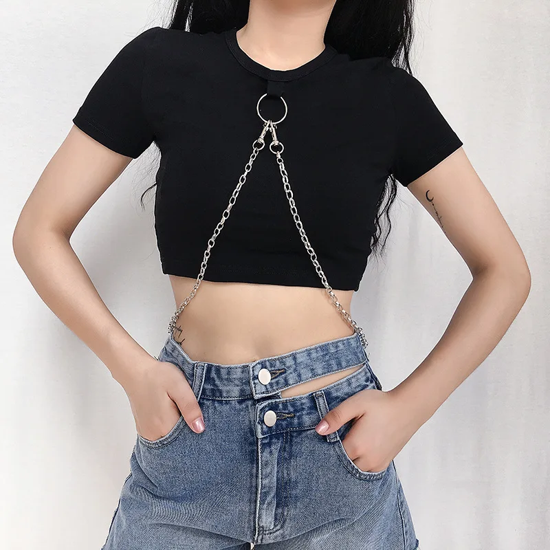 

Harajuku Metal Chain Basic Black T Shirt Ladies Gothic Casual Crop Top Woman Punk Bodycon Sexy T-shirts Shirt Femme Clothes