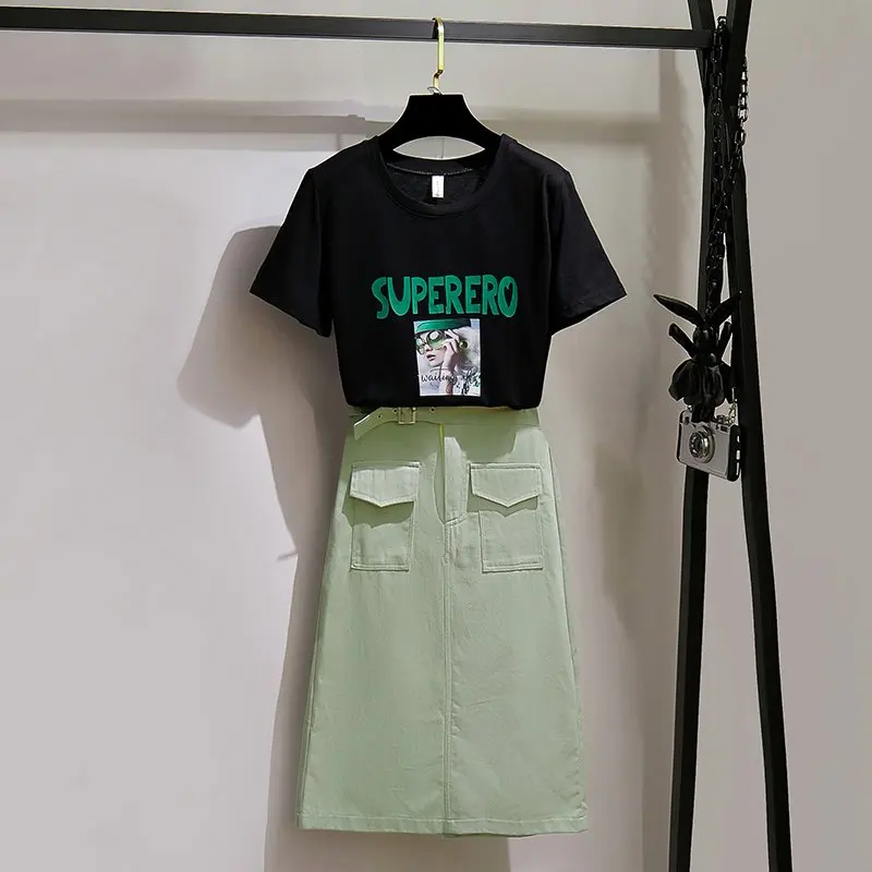 

Fashion Korean Summer Two Piece Set Women Printted Crop Tops +Midi Skirt Set with Pocket Sweetsuit Office Work Woman Clothes