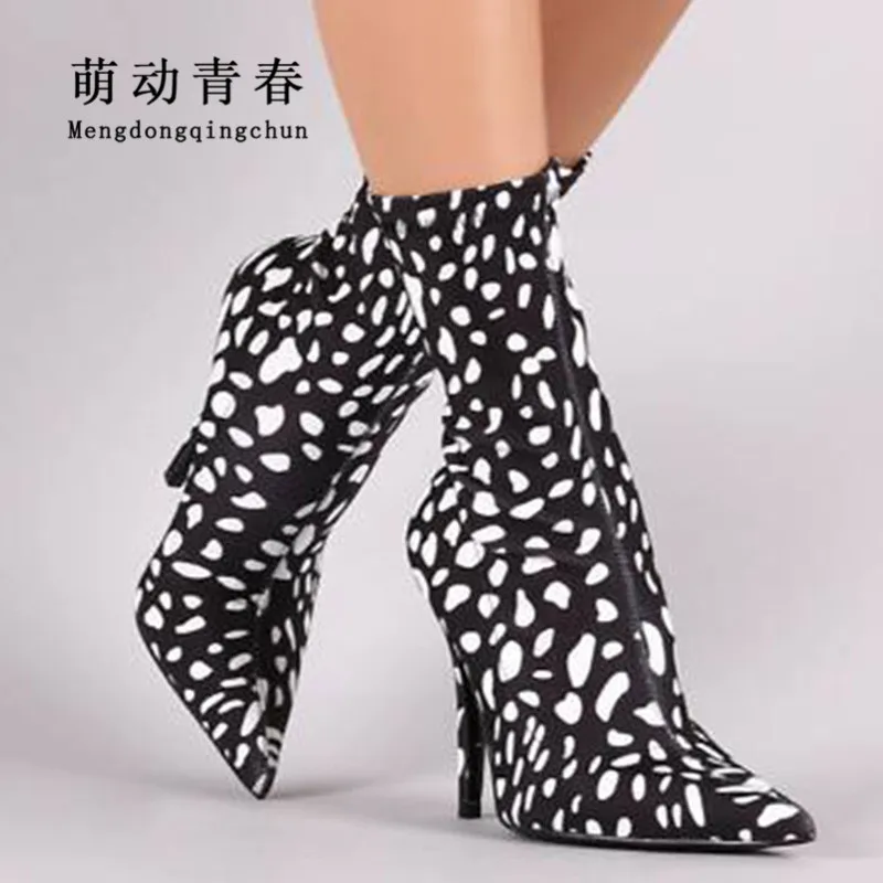 

New Pointed Toe Women Ankle Boots High Heeled Autumn Winter Thin Heels Denim Boots Pumps Polka Dot Jeans Botas Feminina Mujer