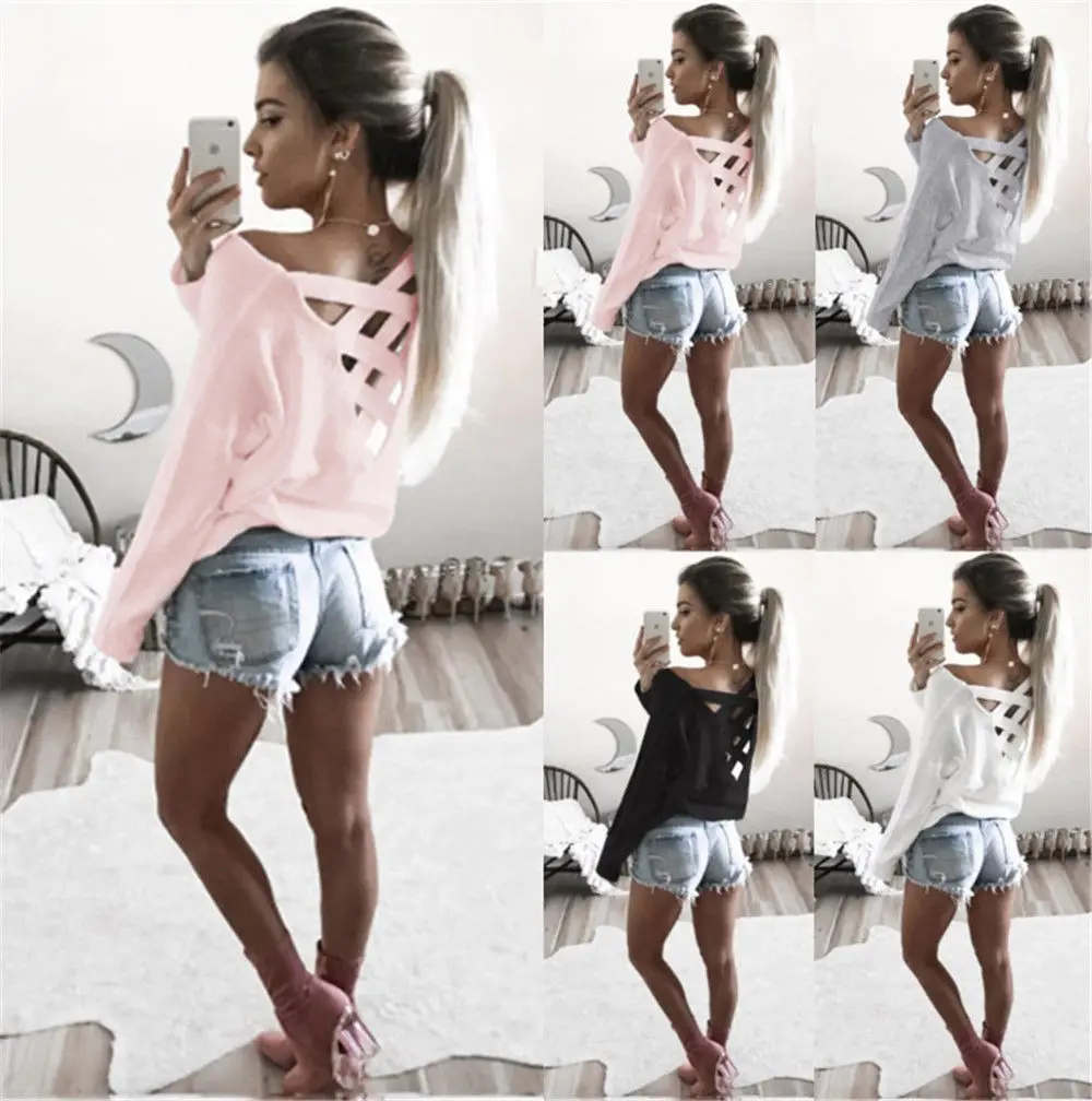

New Fashion Womens Loose Long Sleeve Tops Summer Back Cross T Shirt Casual Cotton Women T-Shirt Clothing