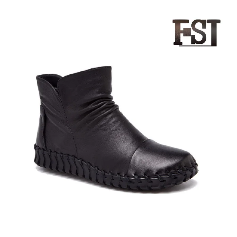 

FSJ Genuine Cow Leather Woman Spring/Autumn Winter Zip Ankle Motorcycle Boots Wool Pigskin Sewing Casual Office shoes Retro