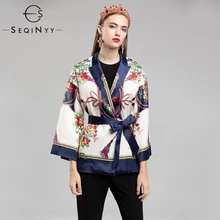 SEQINYY повседневные куртки Ранняя осень Женская Новая мода три четверти рукав печатных открытый стежок Свободная верхняя одежда куртки