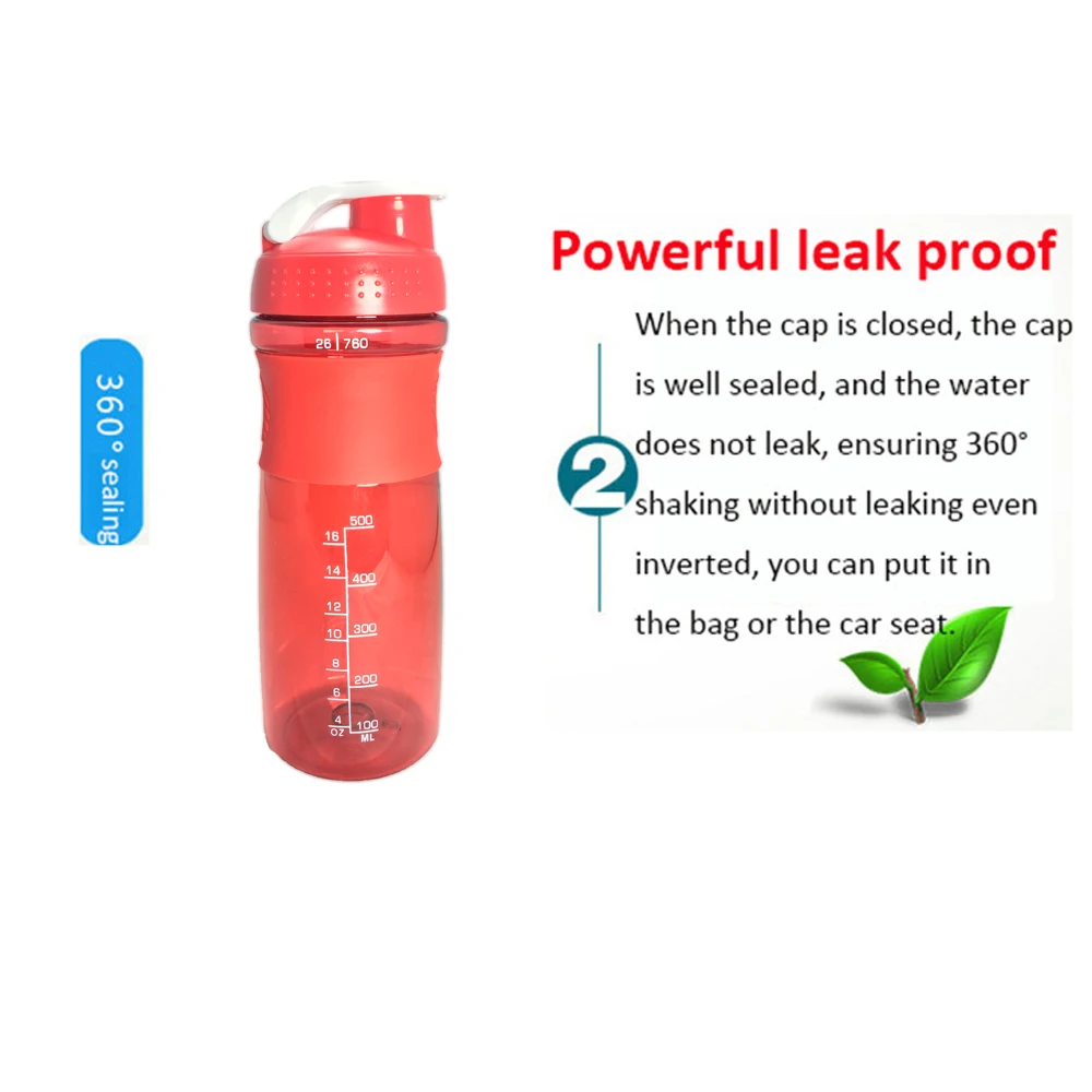 760ML Sports Shaker Bottle With Whisk Ball Sports Whey Protein Powder Water Bottle Fitness Gym BPA-Free Powerful Leakproof