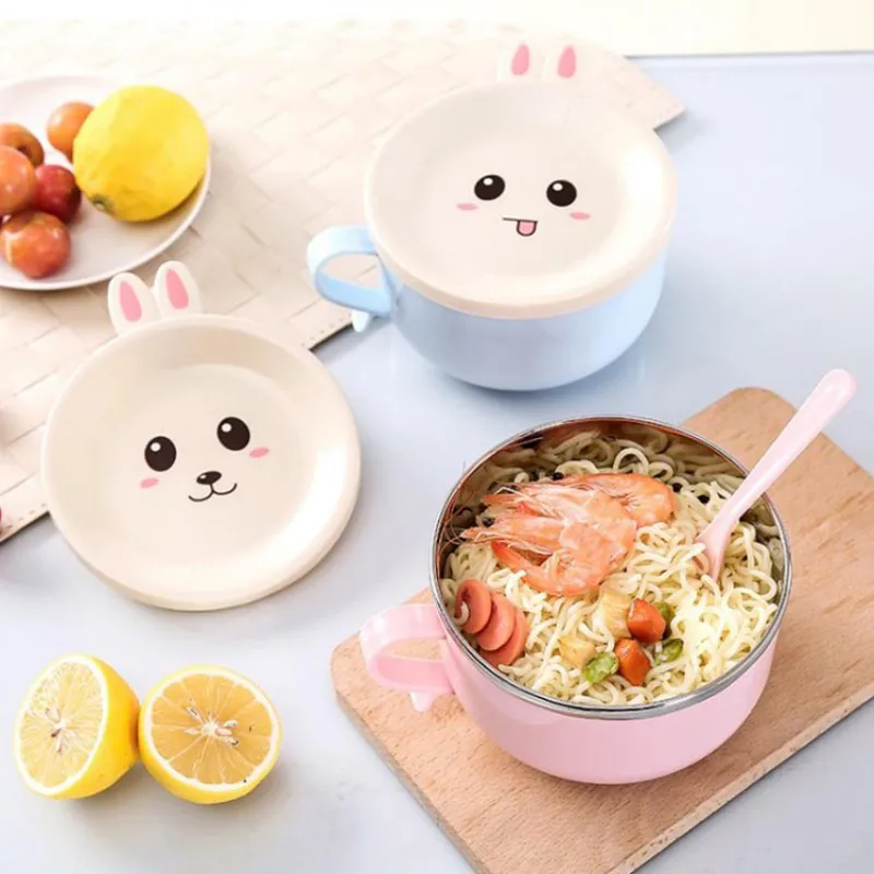 Baby Feeding Suction with Lid Spill Proof Stay Put  Anti-scald  Stainless Steel Kids Insulation Bowls Cartoon Baby Bowl 