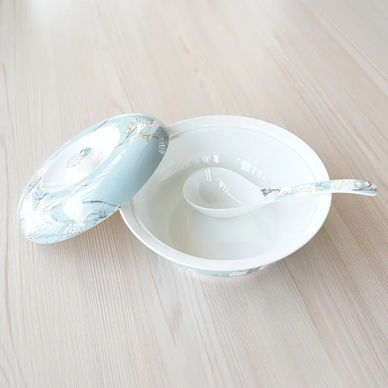 Керамическая тарелка с рисунком крана из костяного фарфора, большая емкость, миски для супа с крышкой, набор, лапша, фруктовый горшок для бытовой посуды, подарки