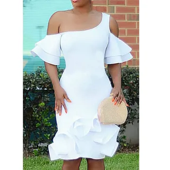 

2019 Women White Party Dress One Shoulder Ruffles Bodycon Slim Evening Club Dress Package Hip Tight Robes