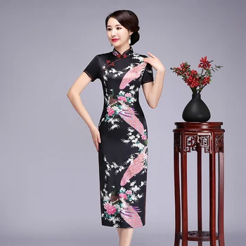 

2020 Summer Classic Cheongsam Satin Flower Evening Dress Traditional Chinese Style Gowns Split print Qipao Oversize 4XL 5XL 6XL
