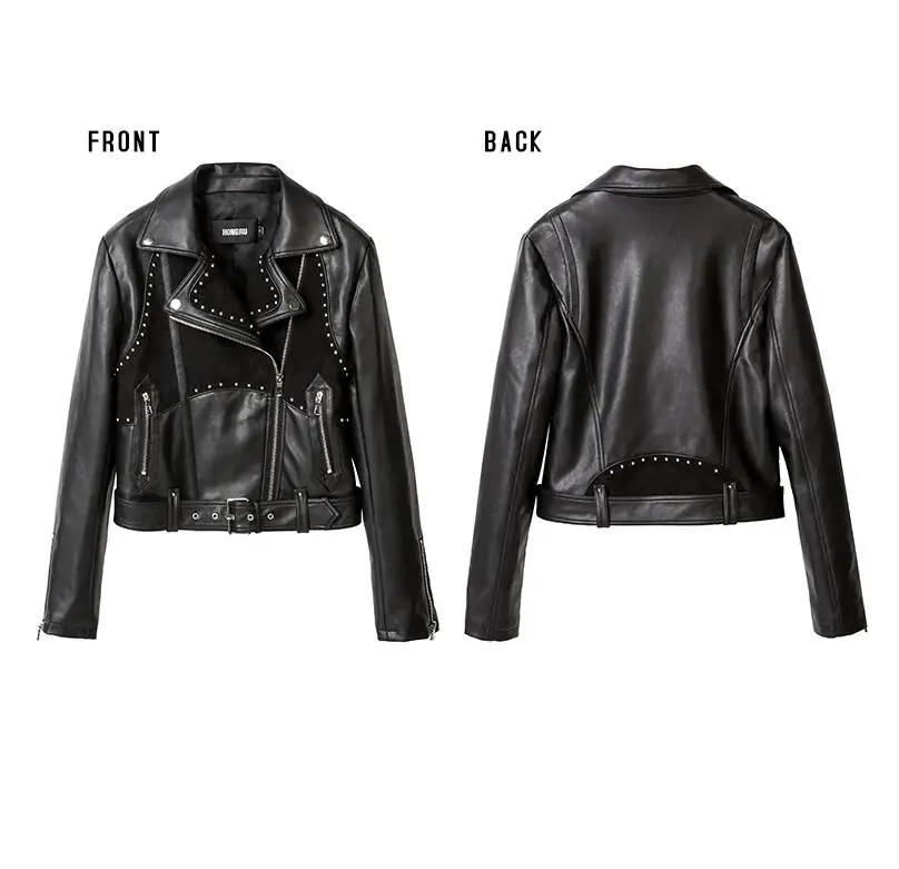 Vintage Court Classique Noir Simple Hiver Vestes Souple Automne Ceinture En Conception Femmes De Cuir Mince Rivet Rue Manteau Veste U01zR