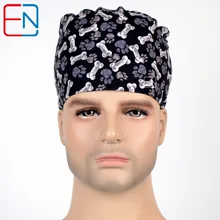 Hennar medical scrub caps in black with bones pattern in 100% cotton Pet doctor cap