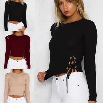 

Fashion Womens Lace UP Bandage Slim Blouse Shirt Casual Bodycon Cotton Knitted Jumper Long Sleeve Short Shirt Knitwear Blouses