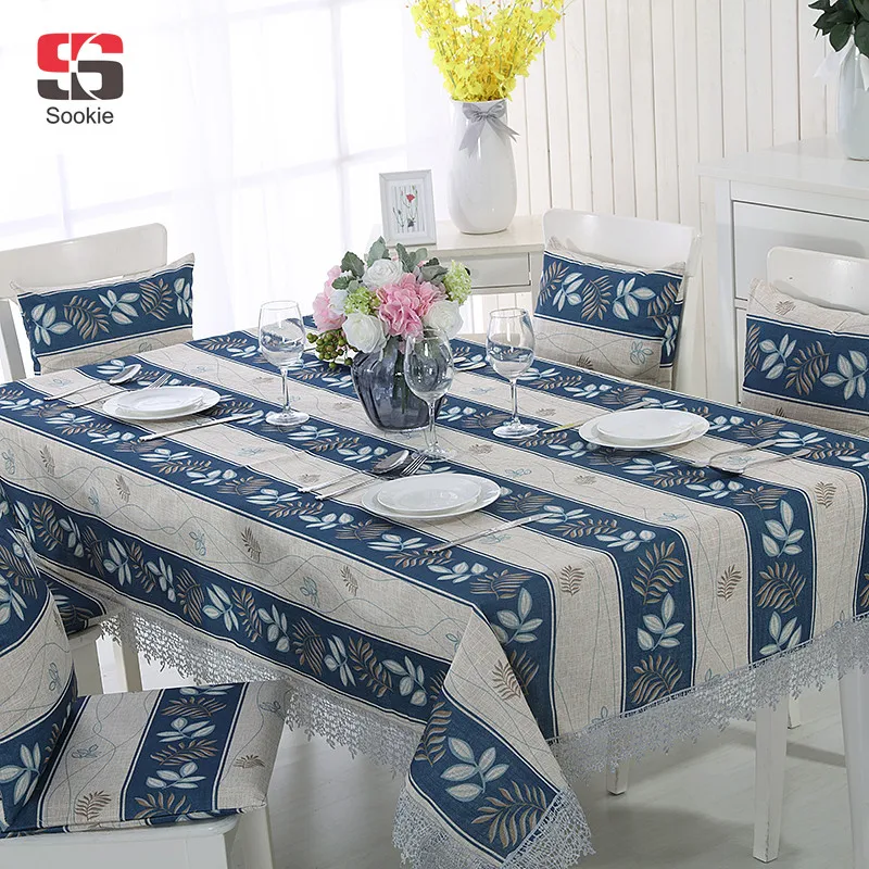 Blue Rectangle Striped Table Cloth Simple Water Soluble Lace Leaves