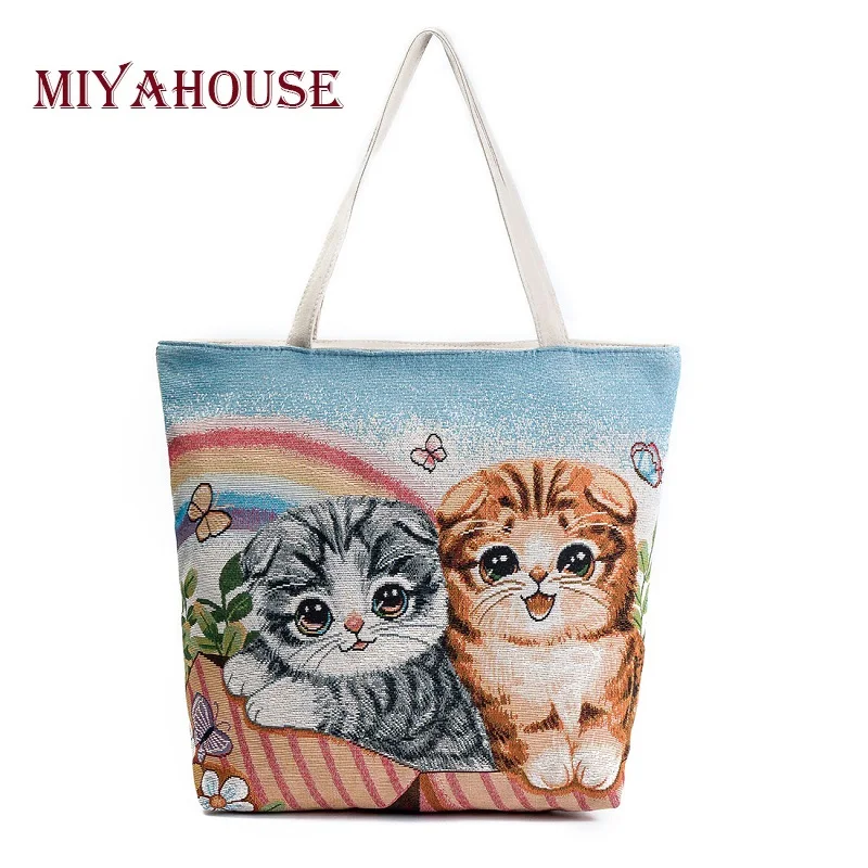 Miyahouse large Capacity Shoulder Bag Women Cute Cats Printed Canvas Handbag Shopping Bag Daily User Casual Tote Bags Female Miyahouse large Capacity Shoulder Bag Women Cute Cats Printed Canvas Handbag Shopping Bag Daily User Casual Tote Bags Female