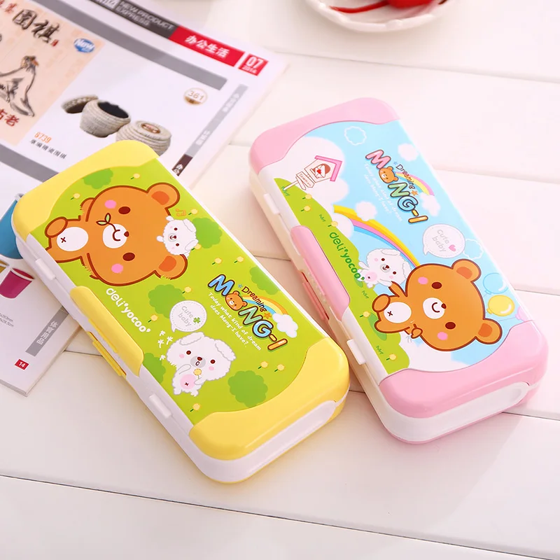

Pink and Yellow Children Cartoon Pencil Case Three Layer Big Capacity Plastic Pencil-box Student Gift Stationery Free Shipping