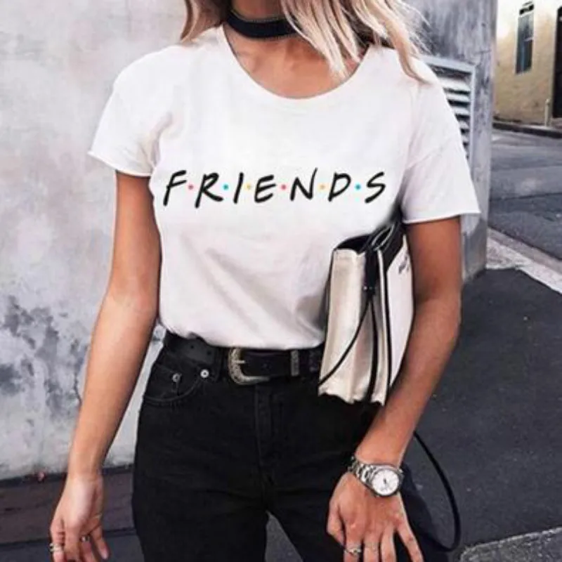 

hzhtmy Plus Size 4XL Friends letter Printing Women's T-shirt Short Sleeve White Tees Tops