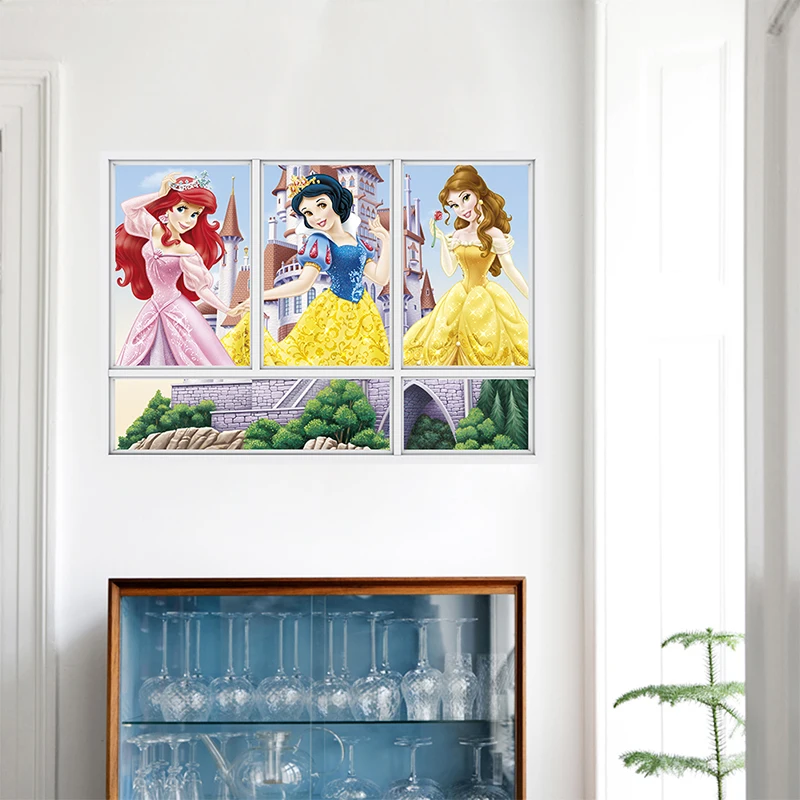 Disney Cartoon Snow White Princess 3D Window Wall Stickers For Home Decor Kids Rooms PVC Decoration Mural Art adesivo de parede