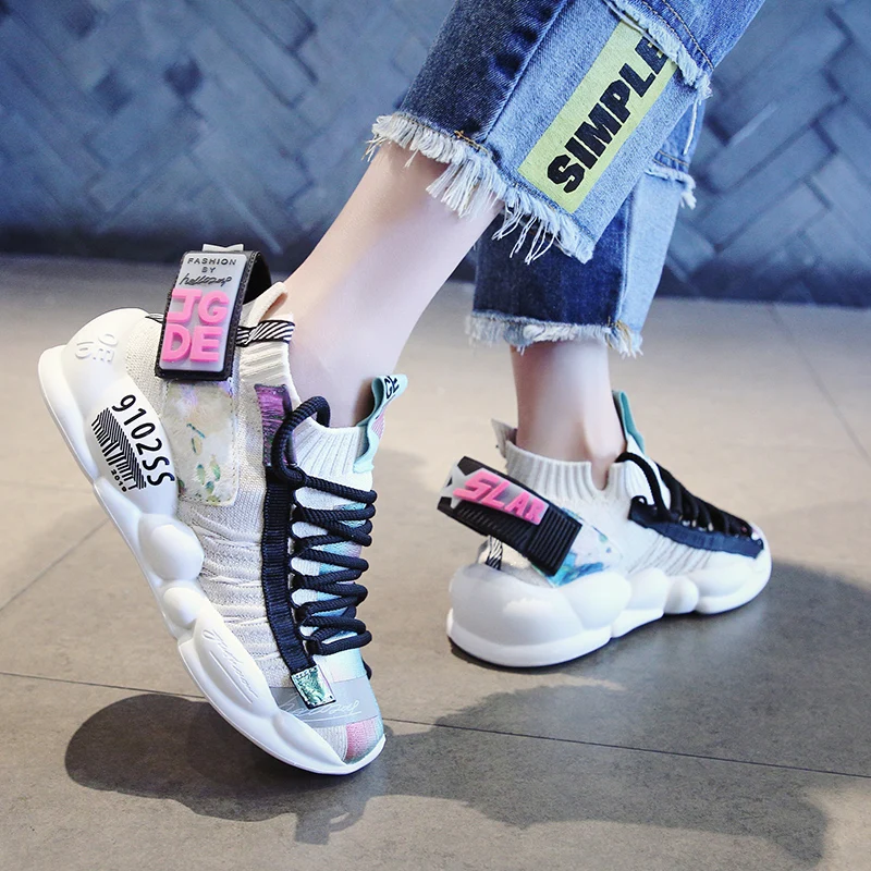 

Women Chunky Street Sneakers Knit Thick Soled Increased Women's Sneaker 2019 Spring Breathable Woman Shoes Lady Footwear NY-41