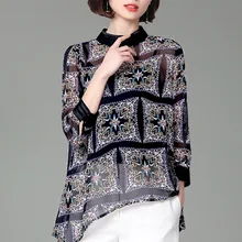 PADEGAO Women Top Spring 2019 New Vertical Collar Printing Bat Irregular Chiffon Casual Shirt Female Long Sleeves Loose Clothes black chiffon loose bat sleeves cape shawl top