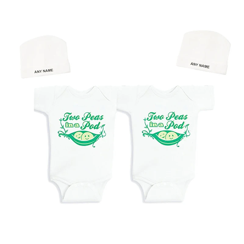

Culbutomind Pea in A Pod Print Baby Body Suit Summer White Cotton Twin Outfit with Custom Cap Twins Baby Clothing