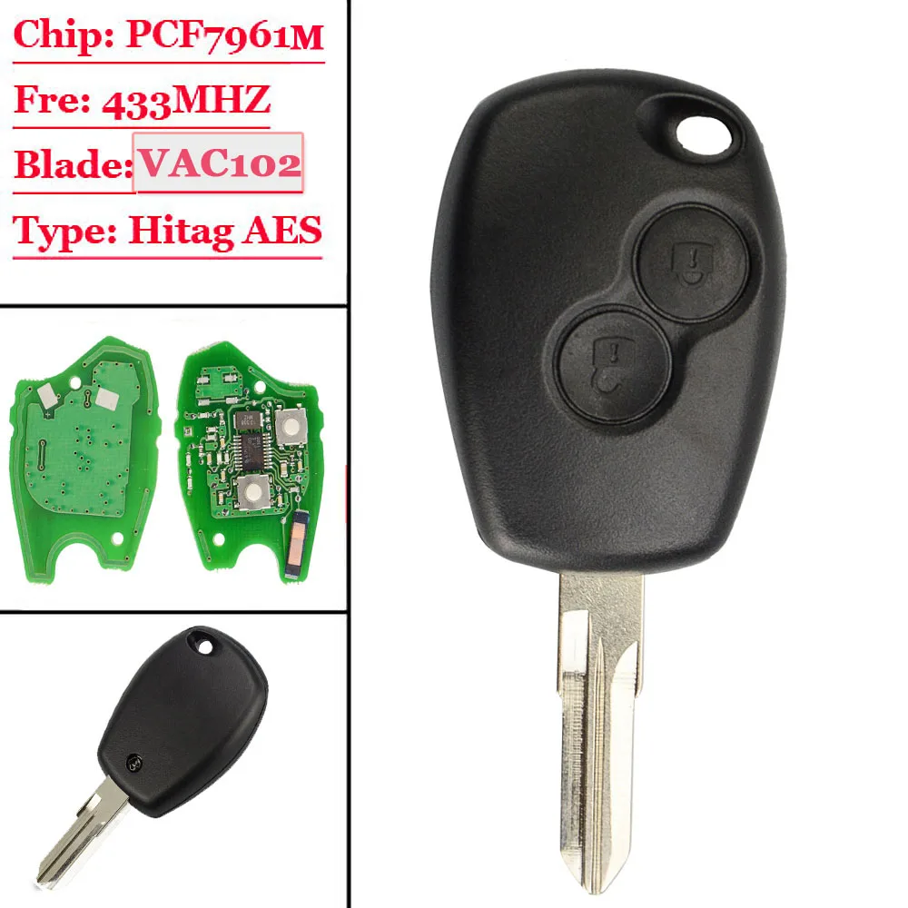 Новая (1 шт.) 2 кнопки дистанционного ключа автомобиля 433 МГц с PCF7961M HITAG AES чип VAC102 необработанное лезвие для Renault Logan II Sandero II