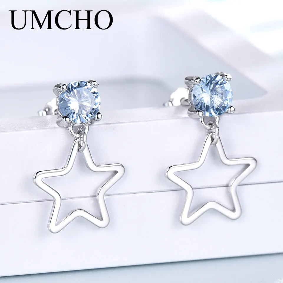 

UMCHO 925 Sterling Silver Earrings Created Nano Sky Blue Topaz Stat Gemstone Drop Earrings For Women Gift Fine Jewelry