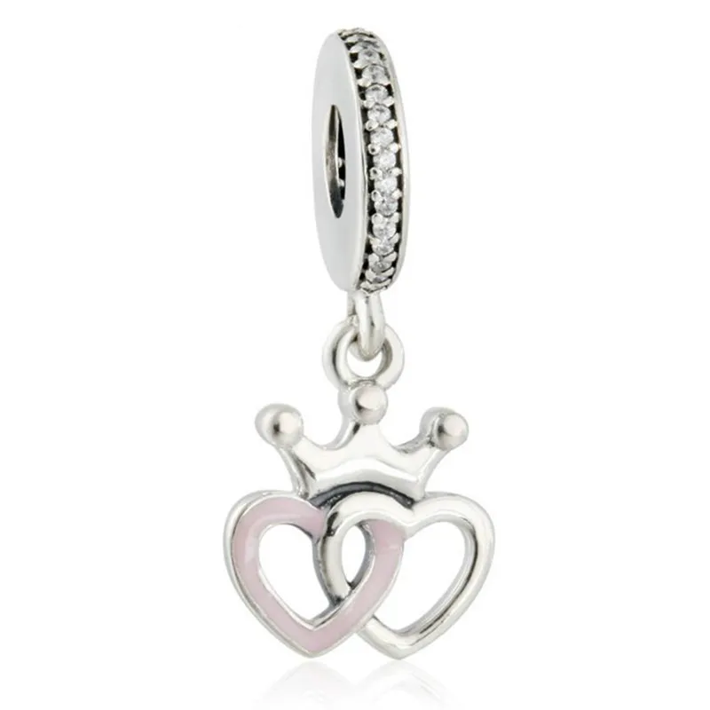 

Crowned Hearts Hanging Charms Original 925 Sterling Silver Orchid Pink Enamel Interlocked Heart Dangle Fit Pandora Bracelets