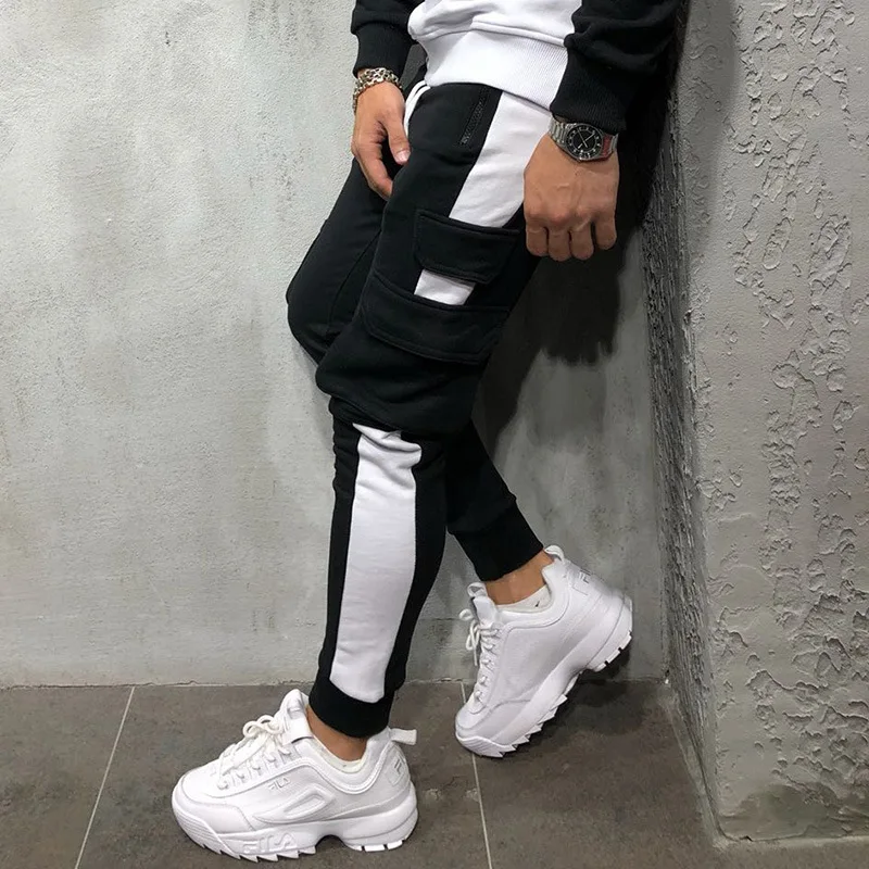 

Men's running trousers/side legs color matching/multi-pocket/calf/Euro-American wind/elastic leisure/men's trousers