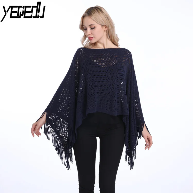 

#3308 V Neck Hollow Out Pashmina Tassels Pullover Knitted European Irregular Hollow Out Oversize Ponchos And Capes Asymmetrical
