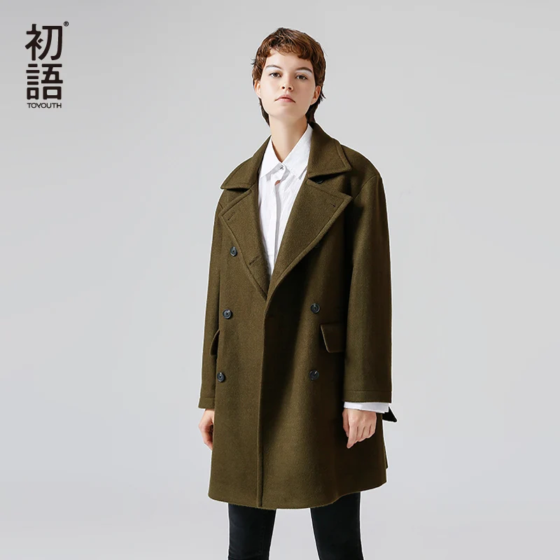 

Toyouth Woolen Coat 2019 Winter Women Fashion Straight Doublebreasted Long Turndown Collar Long Sleeves Woolen Coat