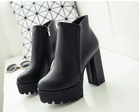 Ботинки модные женские ботинки с боковой молнией и круглым носком женские ботинки на платформе и толстом высоком каблуке 12 см Зимние ботильоны