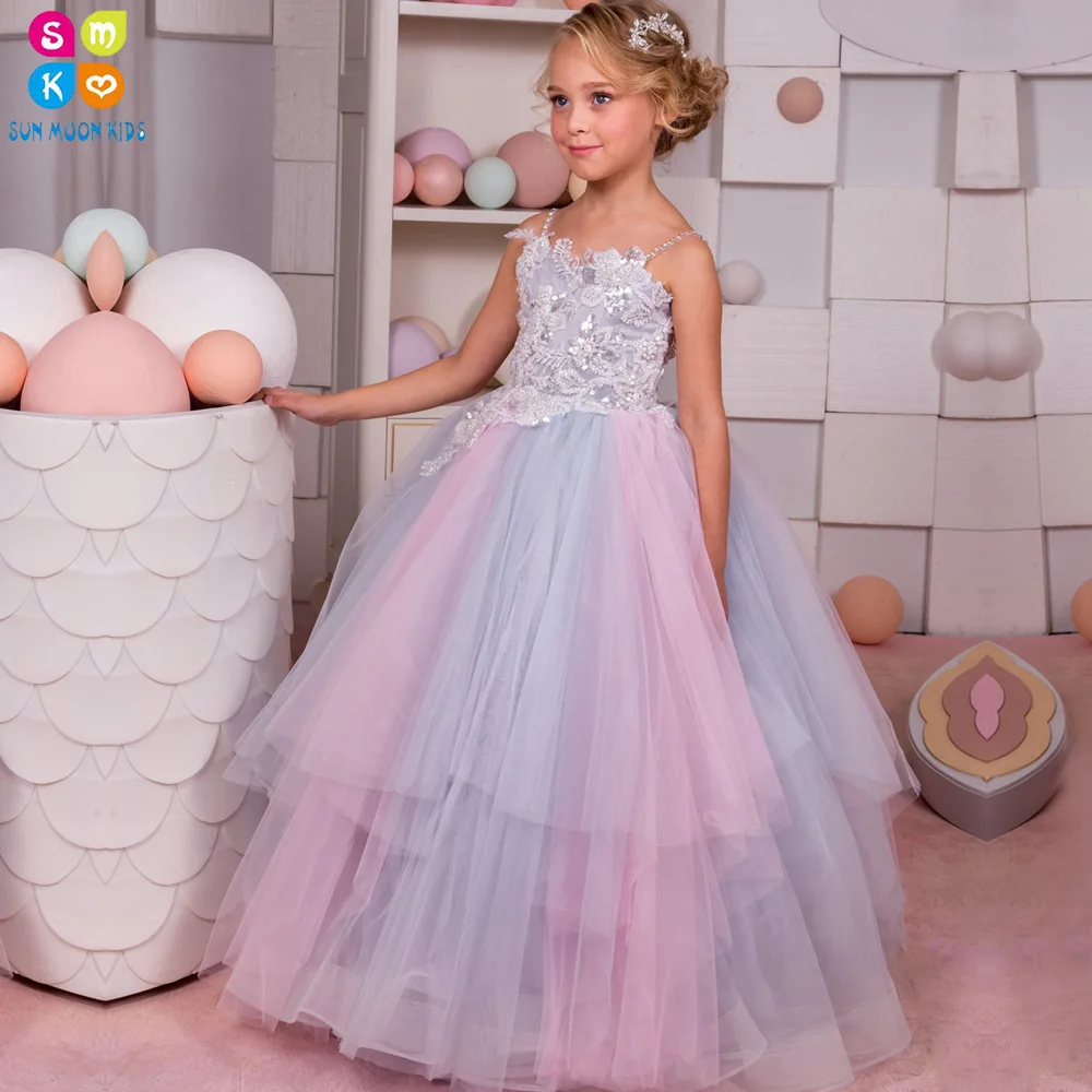 

2018 New Arrival High Quality Colorful Sequin Crystal Lace Flower Girl Dress Spaghetti Straps First Communion Dresses For Girls