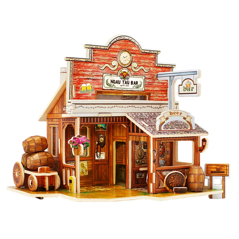 Robud 3D Vintage American Bar Puzzle Game Wooden Model Building Kits Popular Educational Toys Hobbies for Children F138