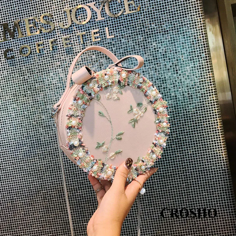 

CROSHO Lace Flower Small Round Bag Lovely Chain Single Shoulder Crossbody Bag Circular