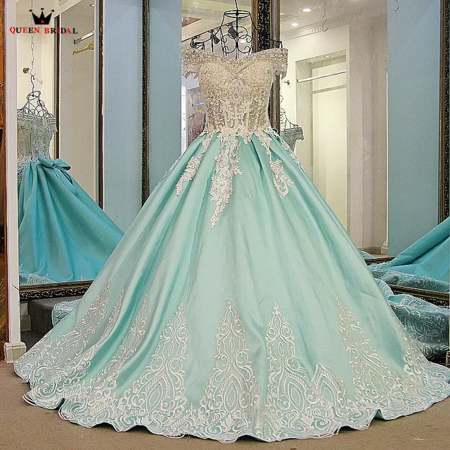 QUEEN BRIDAL Light Blue Evening Dresses Ball Gown Satin Lace Crystal