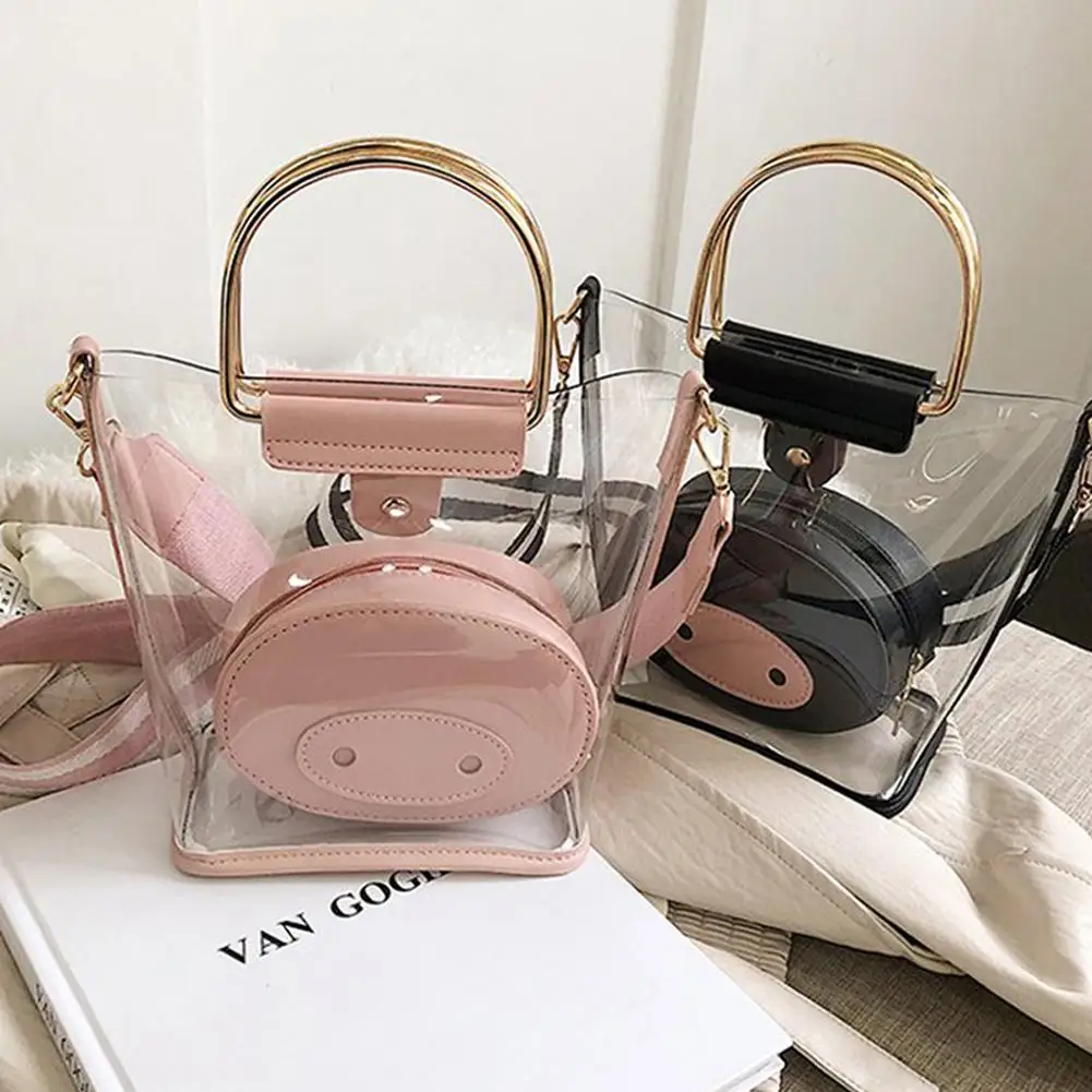 

2Pcs/Set Fashion Women Transparent PVC Handbag Pig Nose Crossbody Shoulder Bag