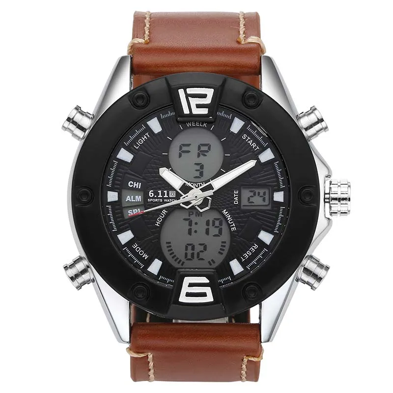 

Sport Watch men LED Black Red Case Digital Dual Movement Leather Mens Waterproof Watches Man Clock Relogio Masculino