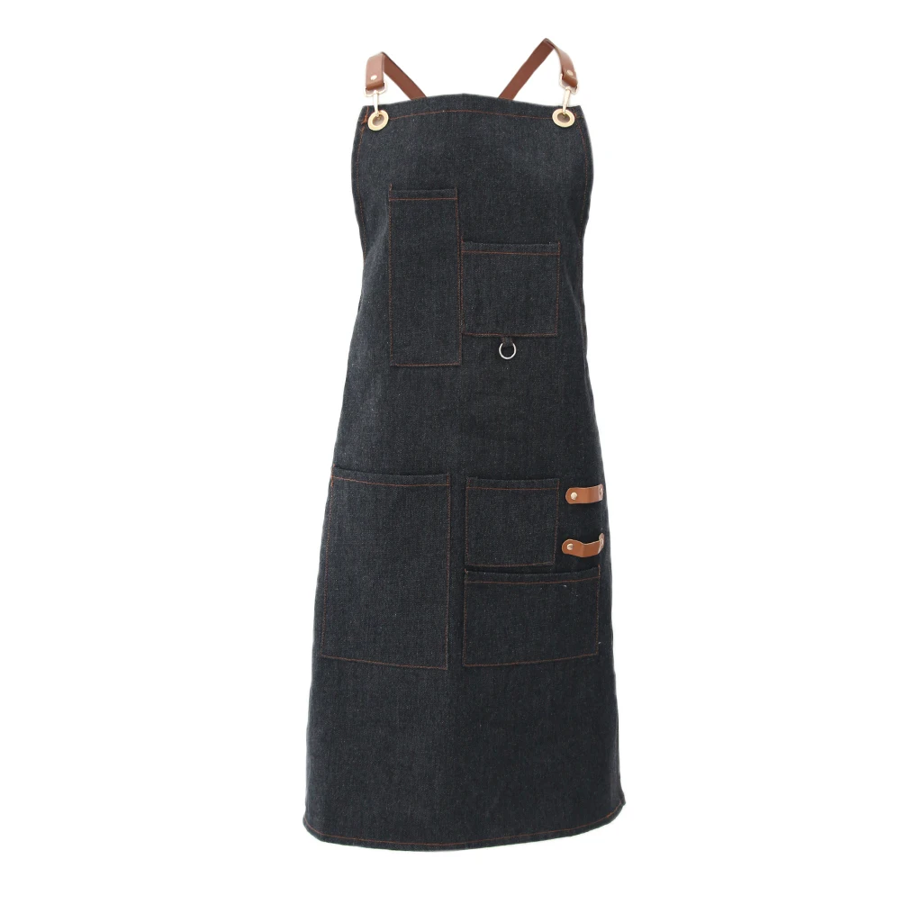 Ladies Men Leather Strap Denim Bib Apron BBQ Florist Baker Bartender Barista Chef Work Uniform