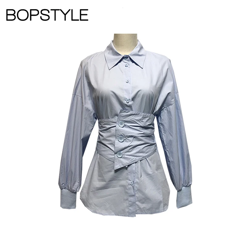 

2018 New Women Blue Lapel Asymmetric Corset Shirt Top With Matching Corset Belt With Button & Side Slits - Ladies Blouse Shirt
