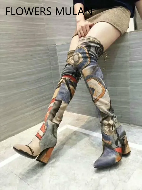 

2018Newest Designers Famous Brand Name Women Boots Mixed Color Graffiti Suede Stretch Fabric Boots Slip On Slim Leg Ladies Shoes