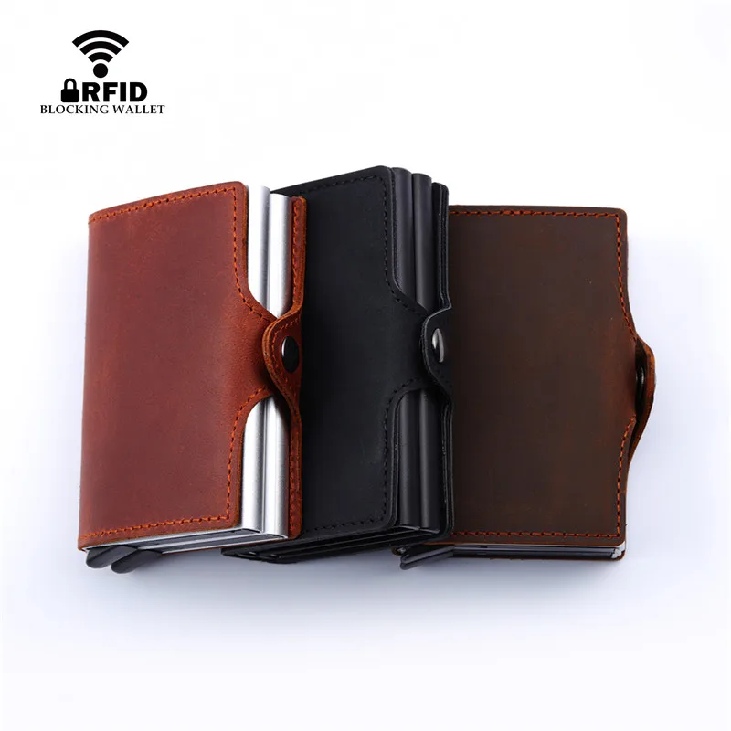 

ZOVYVOL RFID Crazy Horse Leather Mini Wallet Security Information Double Box Aluminum Credit Card Holder Metal Purse