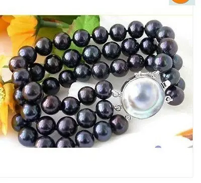 

FREE SHIPPING 3ROW 7-8MM BLACK PEARL BRACELET the Mapei buckle 7.5 " - 8