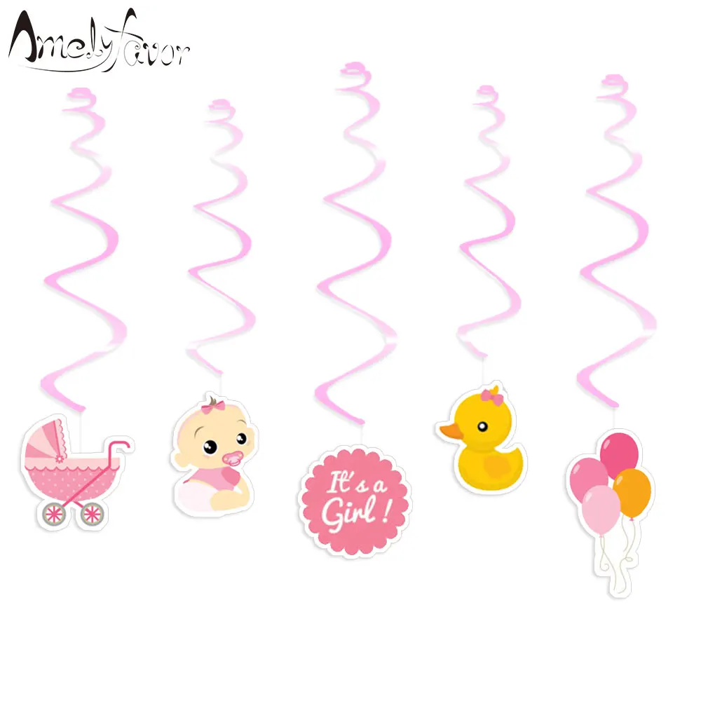 

Girl Baby Shower Theme Ceiling Hanging Swirl Decorations Pink Duck Baby Carriage Grand Event Birthday Party Decorations Supplies