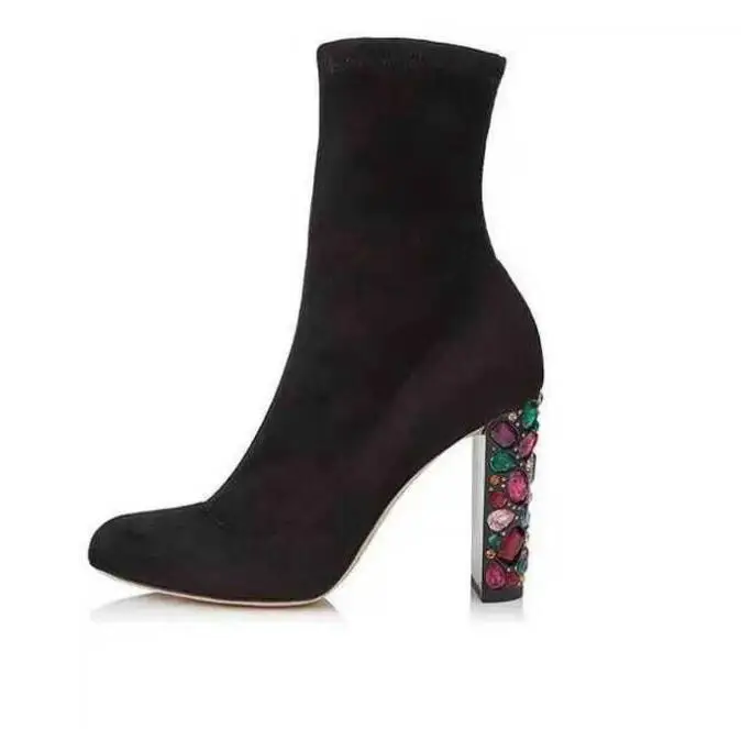 

Ins Style Black Stretch Fabric High Heel Boots 2018 Newest Round Toe Thick Heels Ankle Boots Woman Colorful Crystal Party Shoe