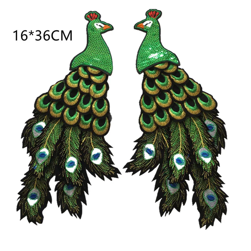 1 paar hoge kwaliteit 3d green sequin pauwenveer borduurwerk patches applique naai kleding accessoire diy 16*36 cm