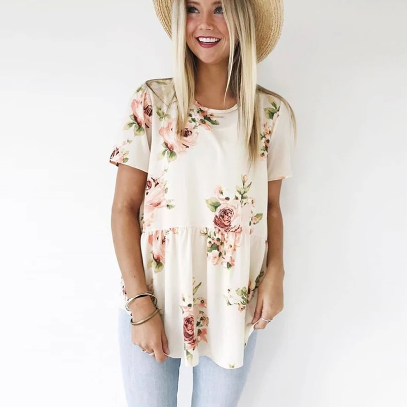 

Summer 2019 Print Pleated Femme Causal Round Neck Short Sleeve Women Top Ladies T-shirt