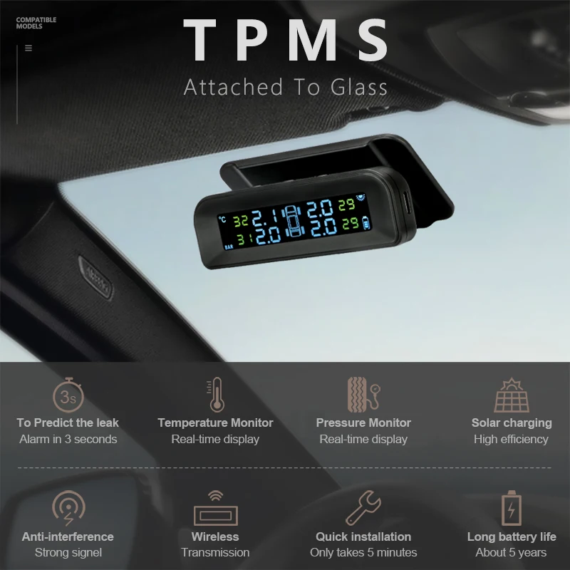 Jansite TPMS автомобильная система контроля давления в шинах, мульти-регулируемый угол, прикрепленный к стеклу, беспроводная Солнечная энергия Tpms с 4 датчиками