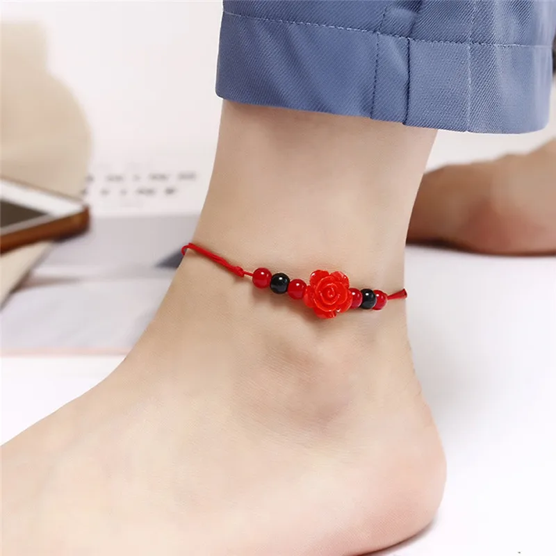 Boho Красная Нить лодыжки браслет бисер серебряного цвета ног цепи строка Halhal ножной браслет на украшения для ног для женский браслет - Окраска металла: J
