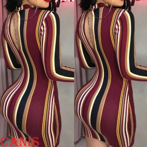 Womens Stripe O-Neck Long Sleeve Bodycon Evening Cocktail Party Short Mini Dress
