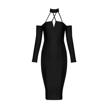 

2019 new arrival winter autumn dress V-neck spaghetti strap long sleeve hollow out bodycon bandage dress party women dress