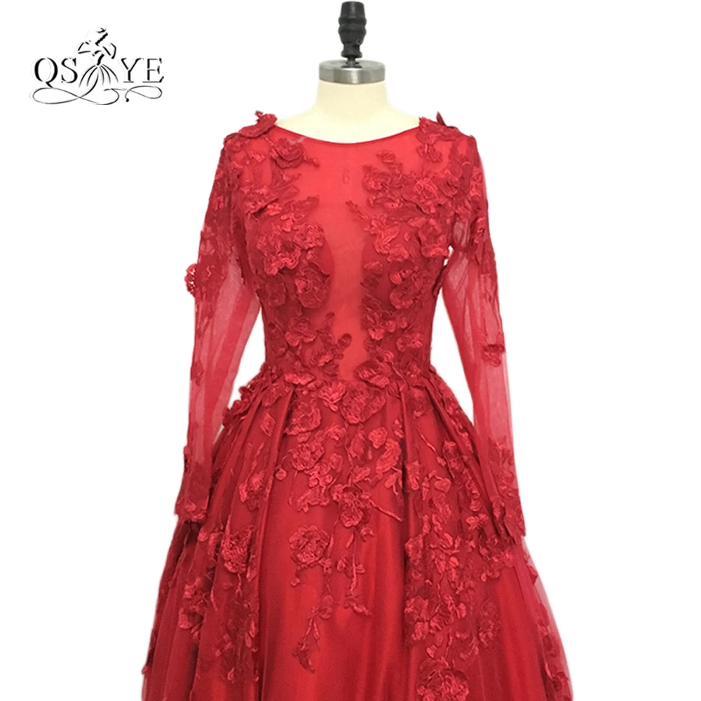 Real Photos 2017 Vestido de Fiesta Red Long Sleeve Evening Dress Long Prom Dress with 3D Floral Lace Formal Gowns Custom Made